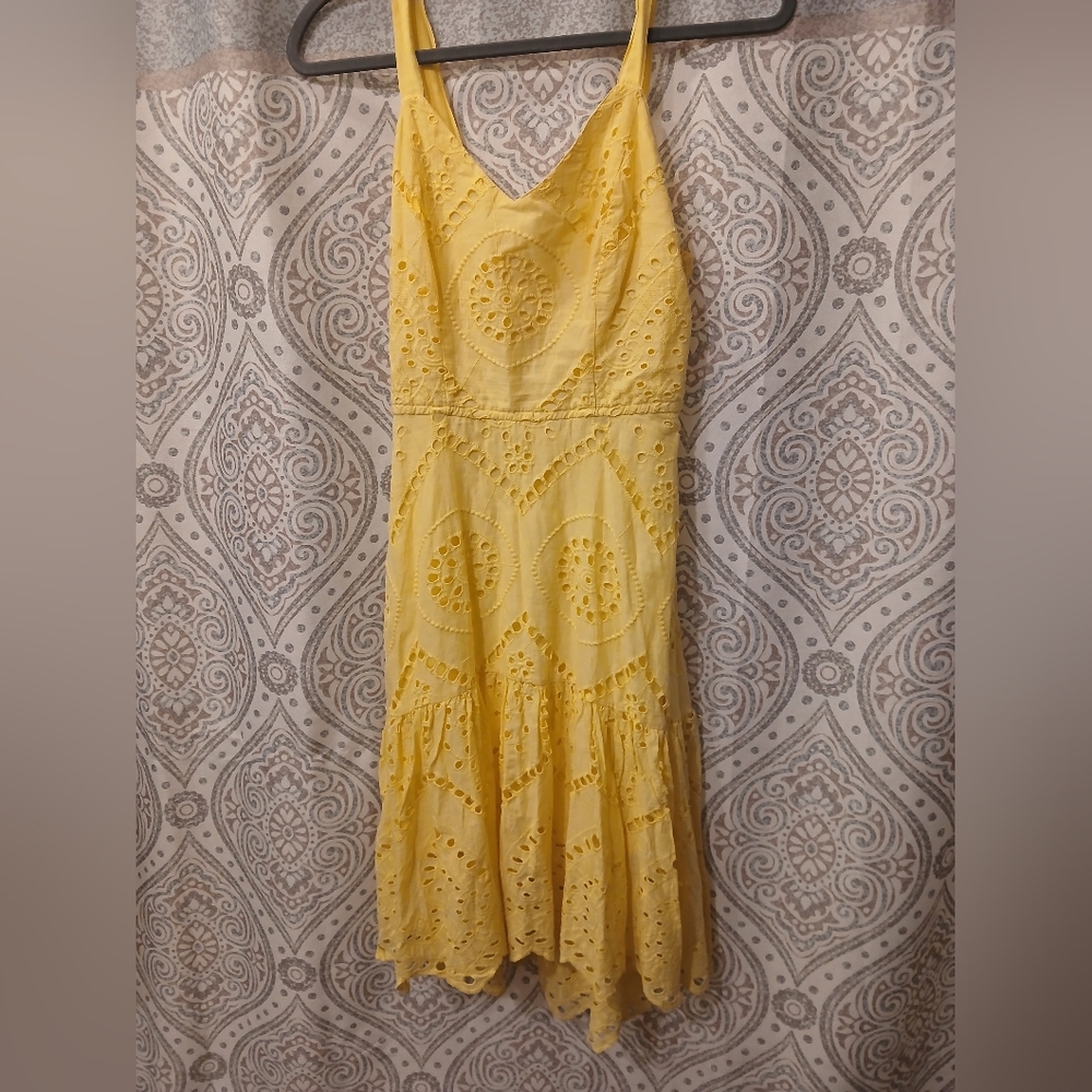 Japna Yellow Eyelet 100% Cotton Sundress with Smocked Back & Ruffle Hem Dress S